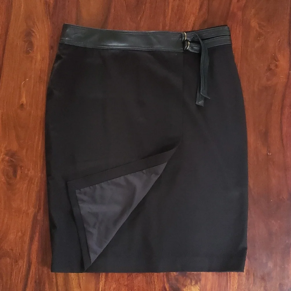 CALVIN KLEIN Black Pencil Skirt with Faux Leather Belt SIZE 14